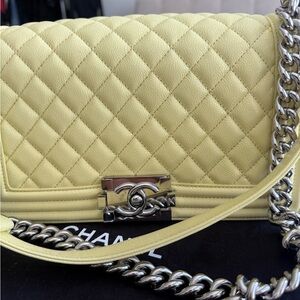 CHANEL Quilted Boy Shoulder Bag in Pale Yellow with Silver Hardware